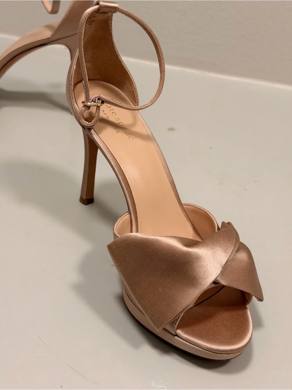 kate spade Satin Twist Front Ankle-Strap Heels in Rose Bridal Bow - Brand new!